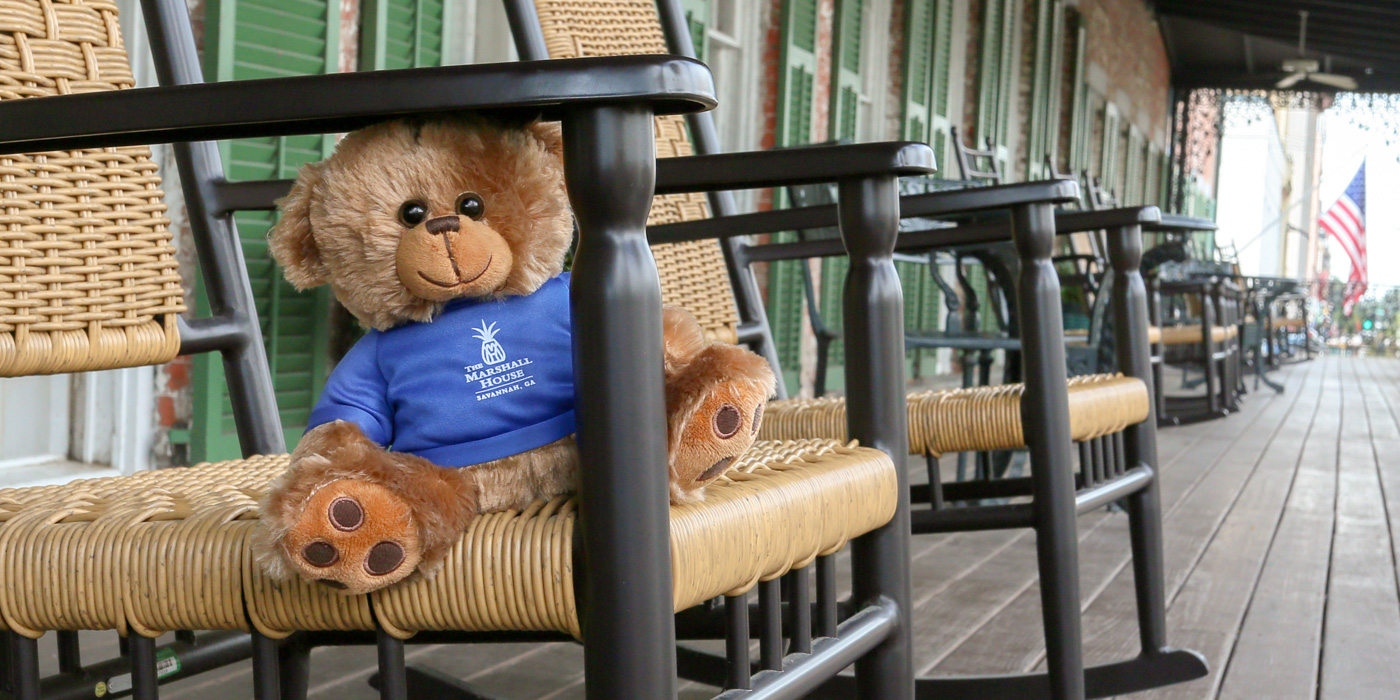 Teddy bear on the balcony of our downtown Savannah hotel